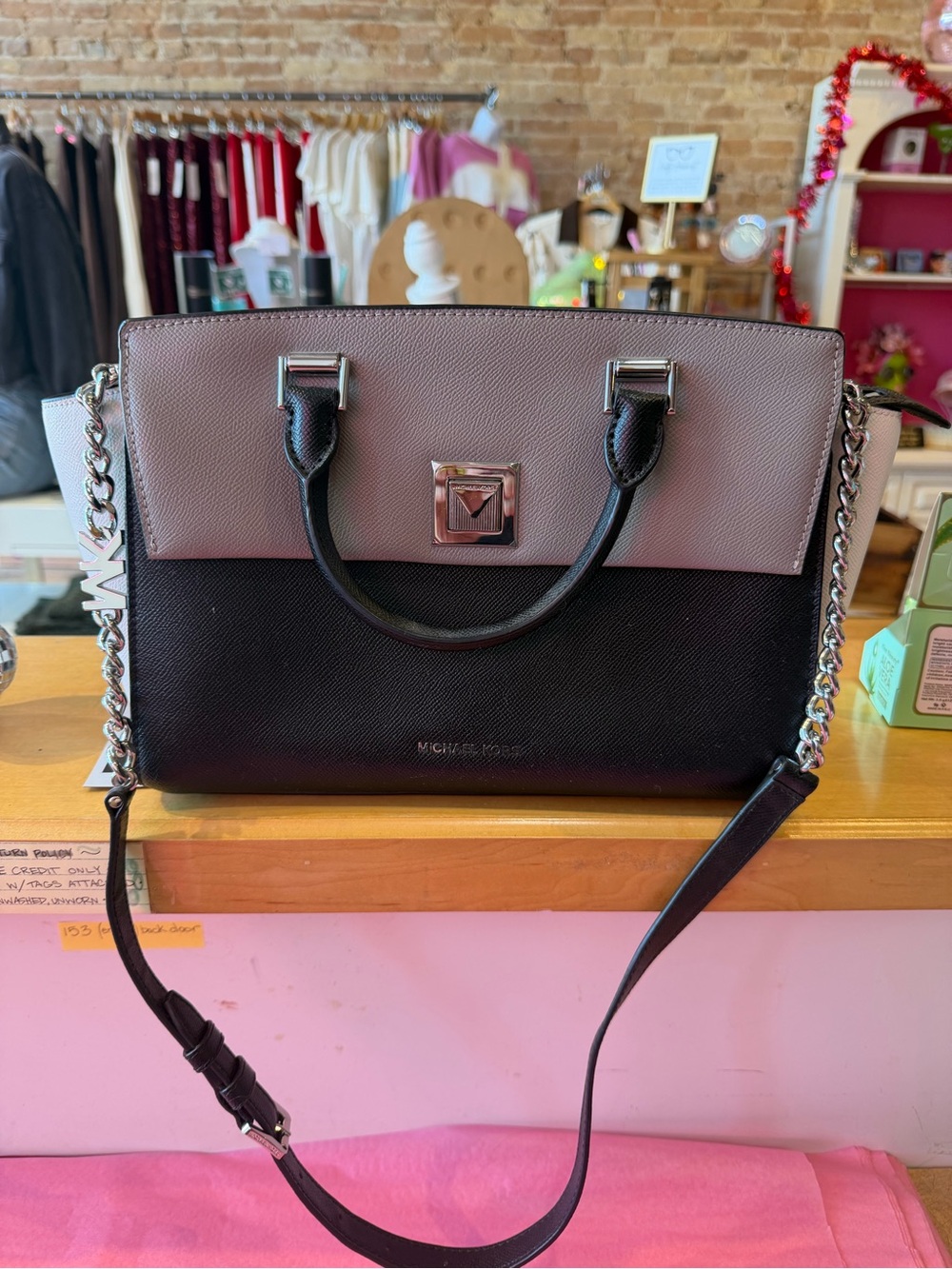 Michael Kors Two-Tone Black and Gray Leather Satchel with Chain Strap